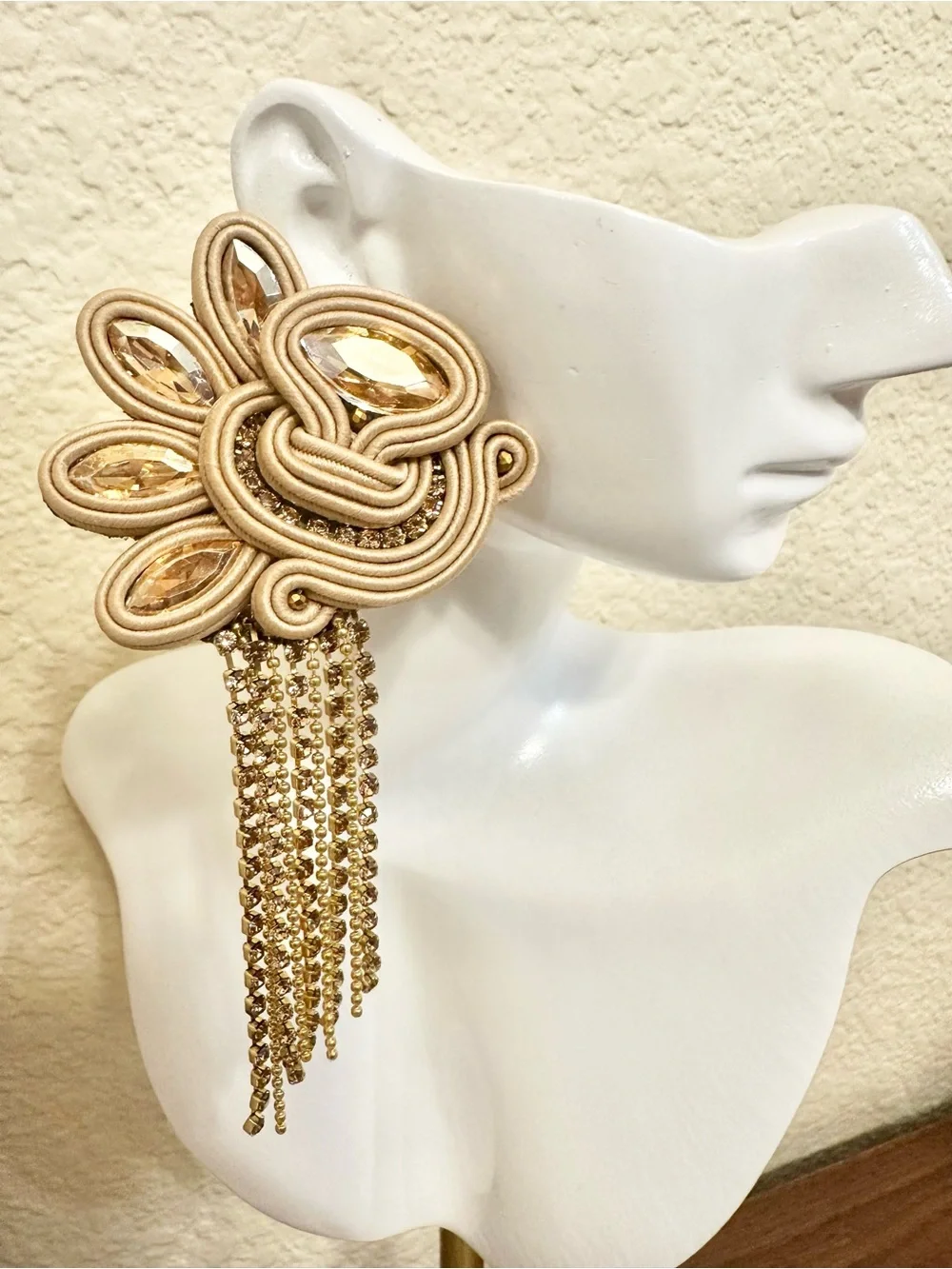 Handmade Elegant Gold Soutache Tassel Statement Earrings